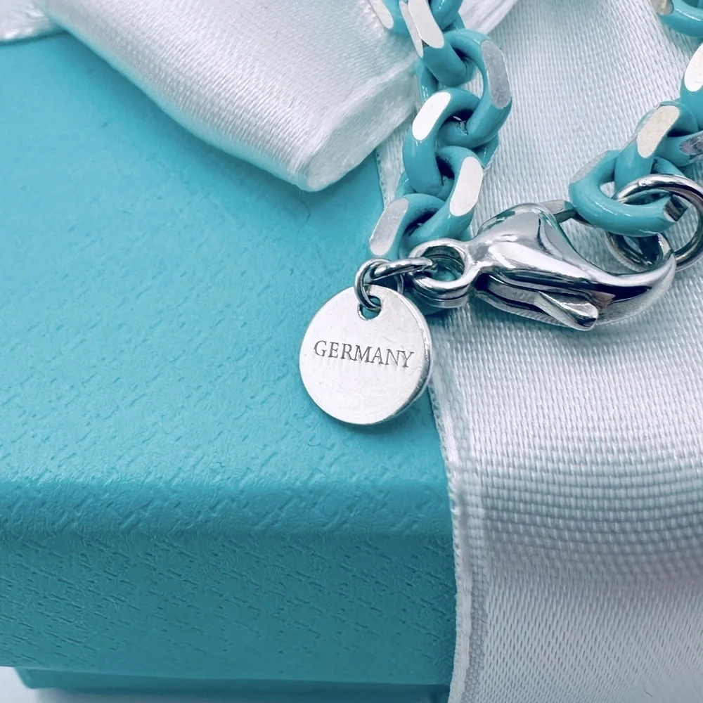 RARE Tiffany & Co. Blue Enamel Sparkle Chain Bracelet Sterling Silver with Case